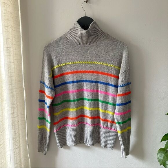 Autumn Cashmere Multi Colored Cashmere Breton Stripe Mock With Blanket Stitch - Picture 4 of 8